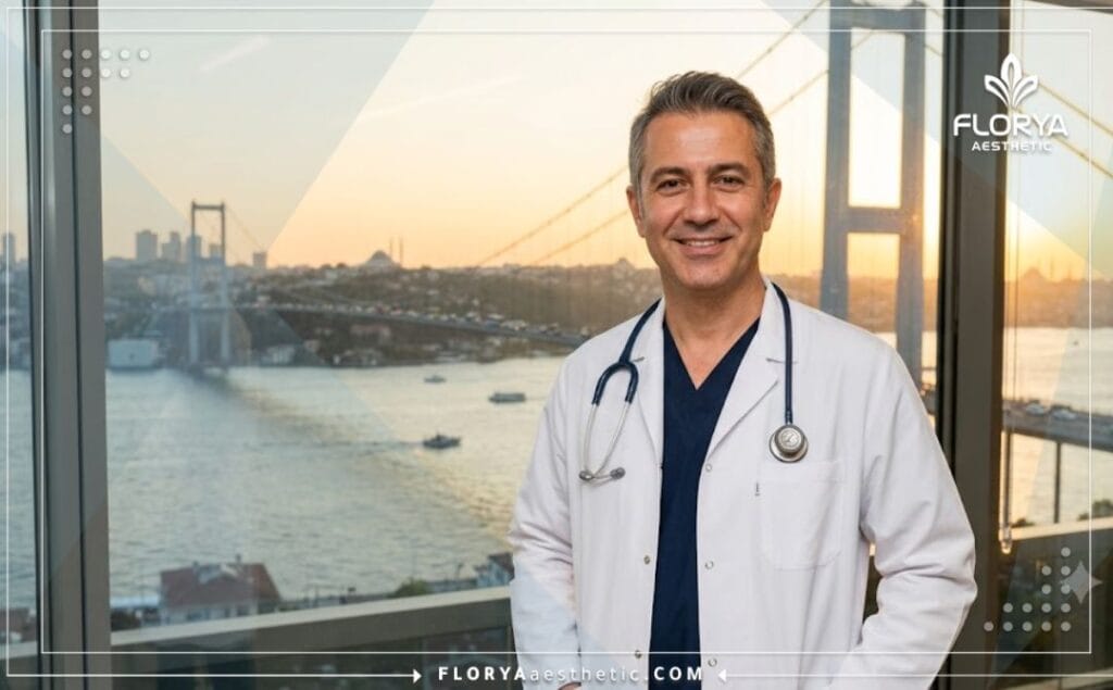 Amable médico especialista sonriendo con un famoso lugar de Estambul de fondo