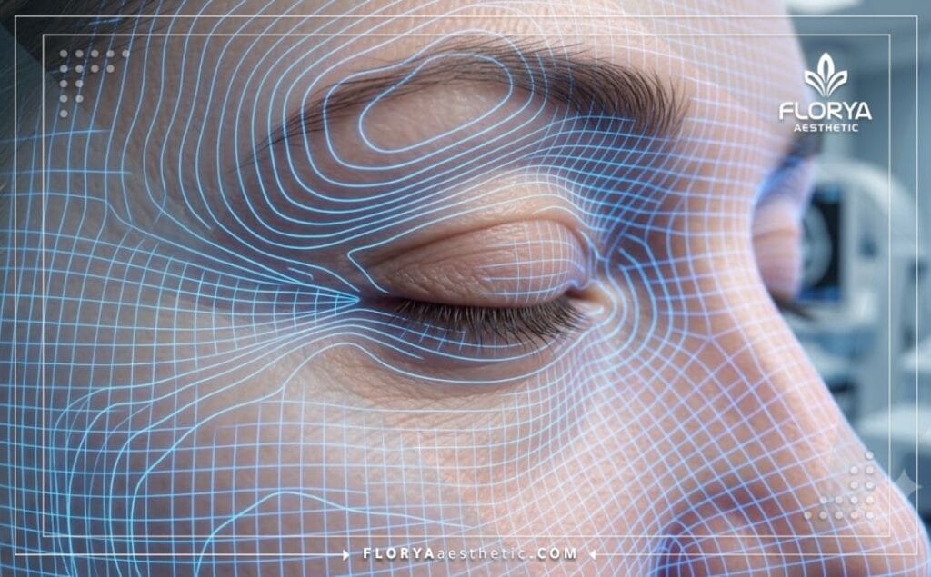 High-tech 3D macro surface scan focusing on the outer eyelid anatomy.