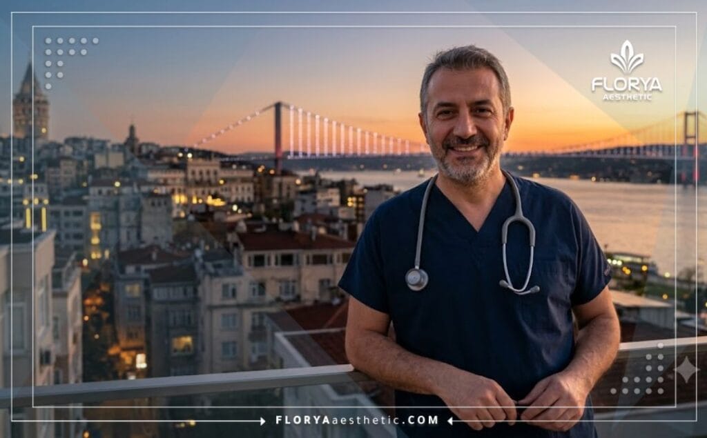 Friendly aesthetic doctor welcoming patients to Istanbul with a landmark view.