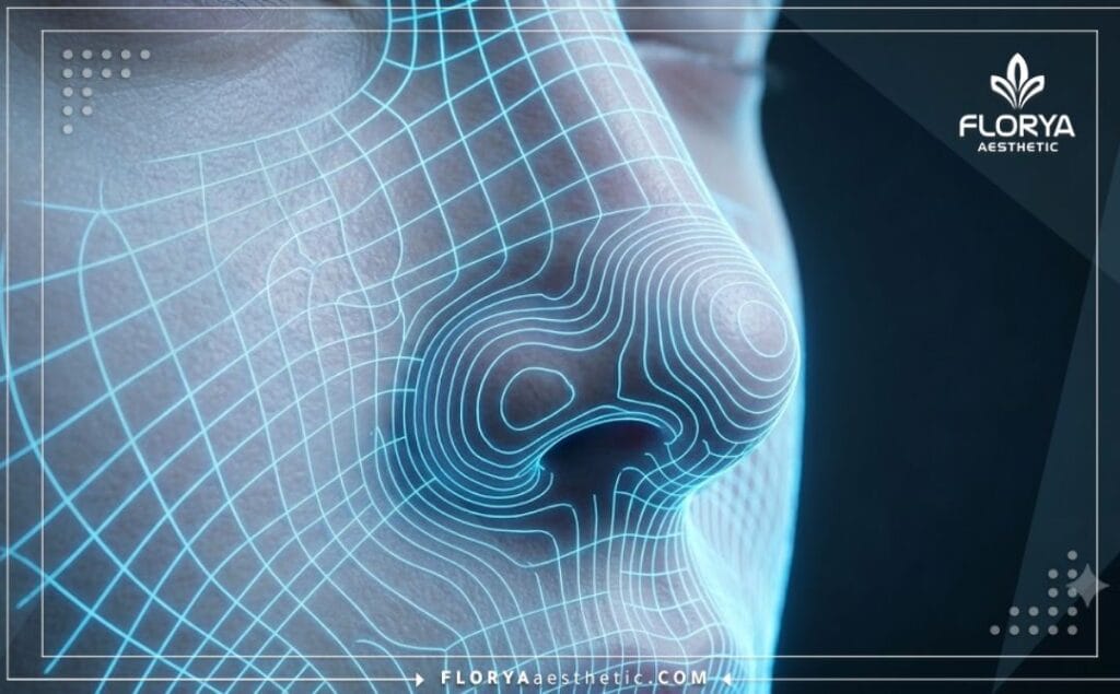 High-tech digital 3D mesh scanning and highlighting the anatomical structure of the nose.