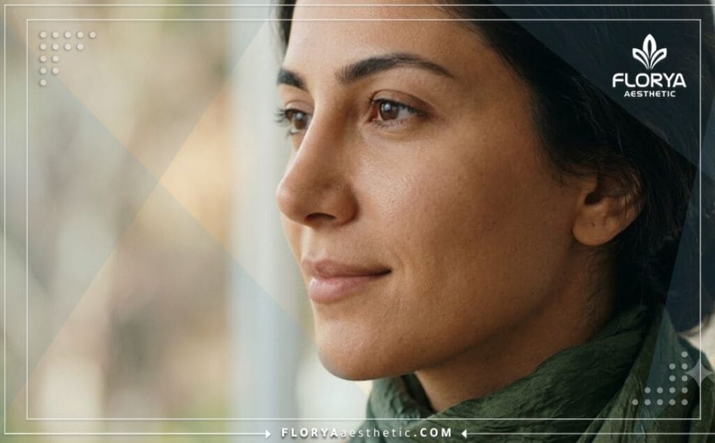 Close-up cinematic shot showing the flawless and natural aesthetic result of a reshaped nose.