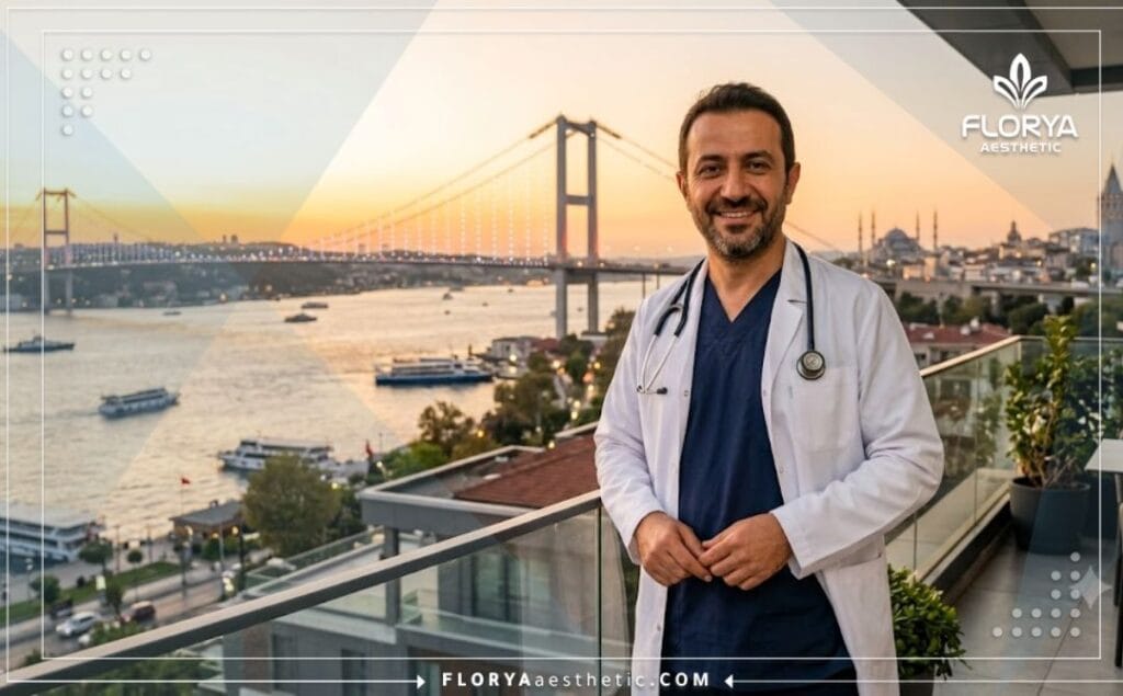 A friendly medical specialist posing in front of a famous Istanbul landmark during golden hour.
