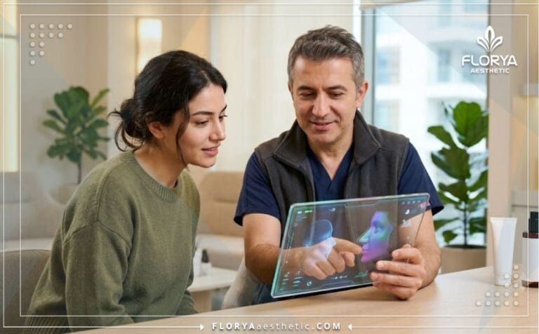 طبيب محترف يناقش خطة جراحات تجميل الوجه في تركيا مع مريض باستخدام جهاز لوحي متطور