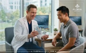 طبيب متخصص يعرض خطة عمليات تجميل العيون والجفون للرجال عبر جهاز لوحي متطور