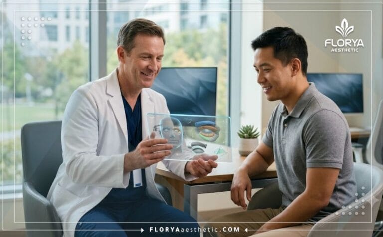 طبيب متخصص يعرض خطة عمليات تجميل العيون والجفون للرجال عبر جهاز لوحي متطور