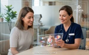 طبيب محترف يشرح خطة تجميل العيون بتقنية المايكرو للمريض باستخدام تكنولوجيا حديثة