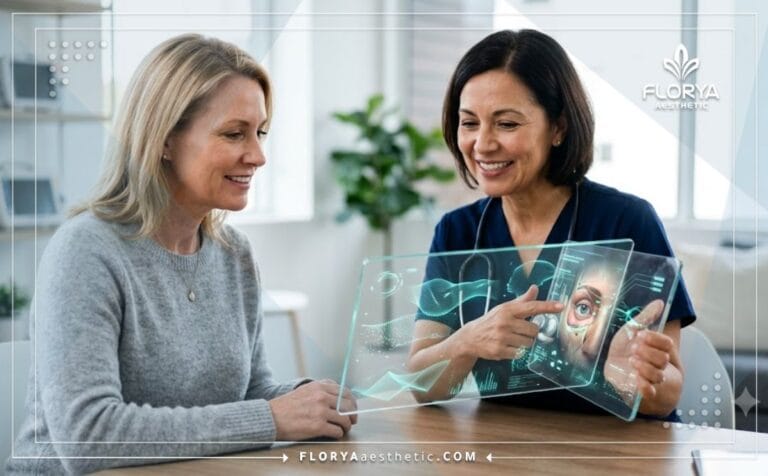 طبيب متخصص يشرح تفاصيل جراحة الجفون طفيفة التوغل للمريض باستخدام تقنيات رقمية حديثة