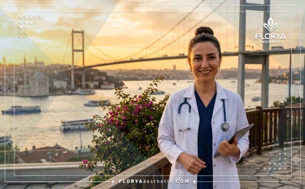 طبيب خبير يبتسم ويرحب بالمرضى في عيادته مع إطلالة خلابة على مدينة إسطنبول