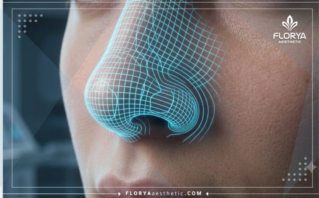 High-tech 3D scan highlighting the nasal anatomical area and cartilage structure.