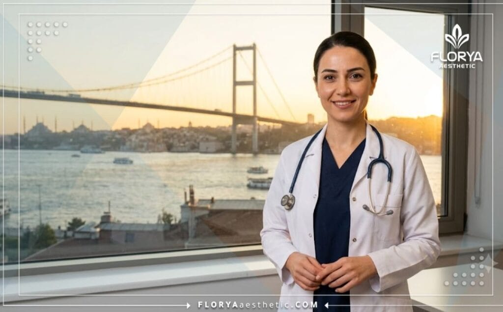 Friendly specialized doctor welcoming patients with Istanbul Bosphorus background.
