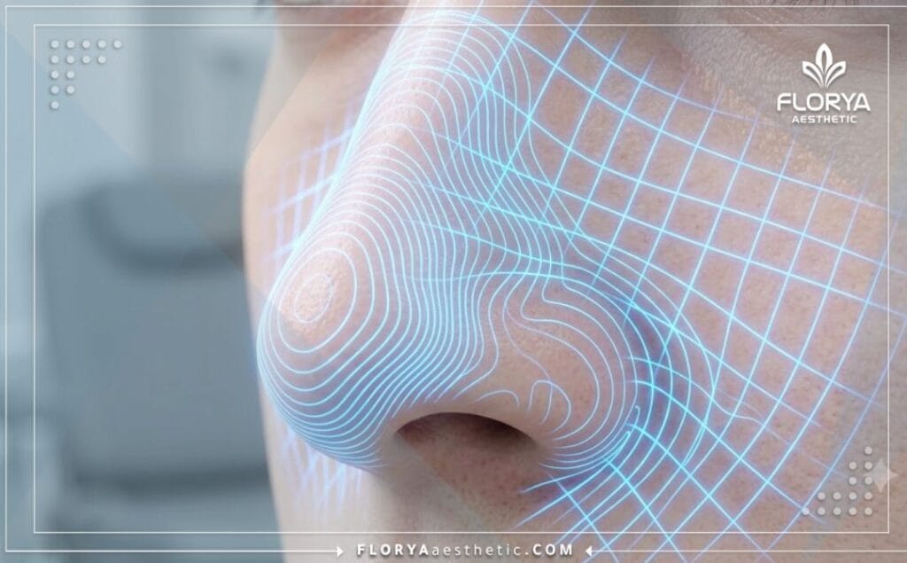 High-tech digital 3D mesh scan focusing on the anatomical structure of the nasal region.