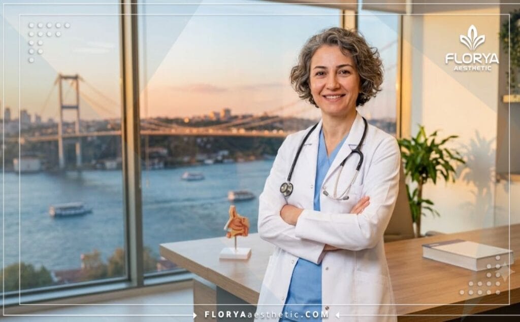 Friendly specialized doctor standing in front of the Bosphorus Bridge in Istanbul.