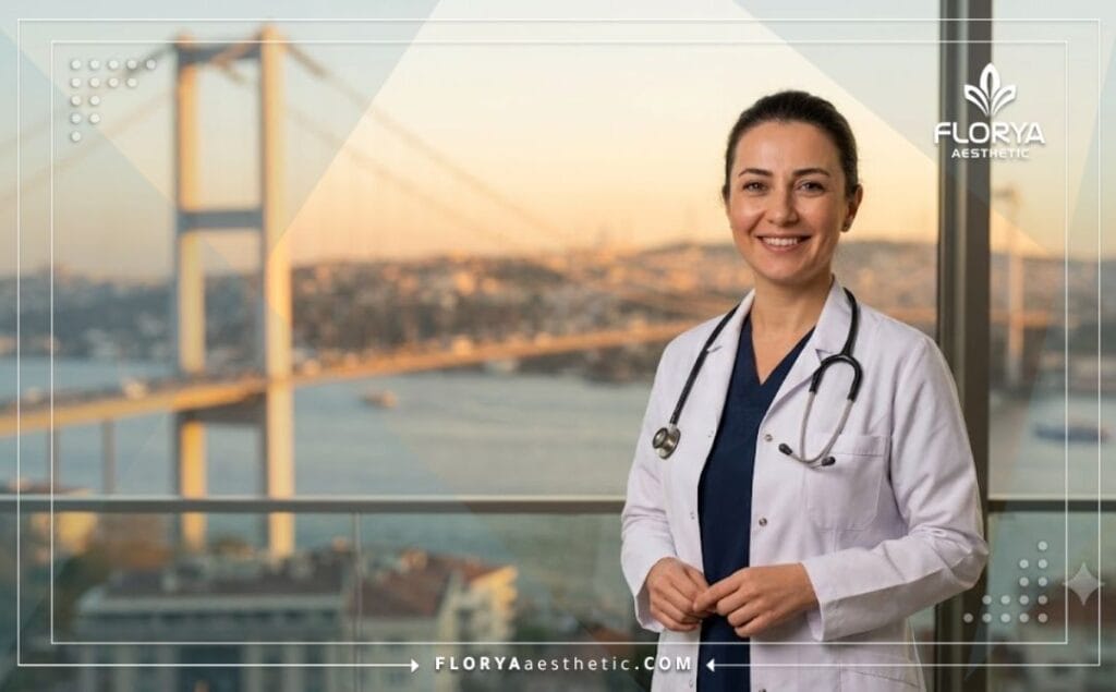 طبيب تجميل ودود يرحب بالمرضى في عيادة اسطنبول مع خلفية جسر البوسفور