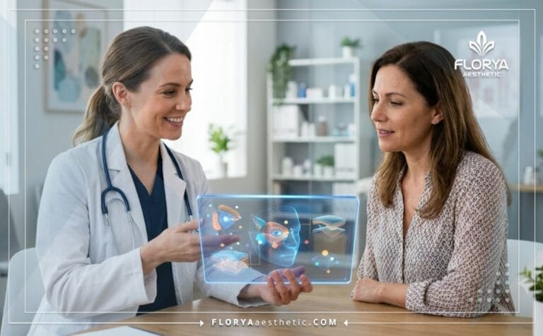 طبيب خبير يشرح خطة علاج بدائل الجراحة لشد منطقة العين للمريضة باستخدام تقنيات رقمية حديثة