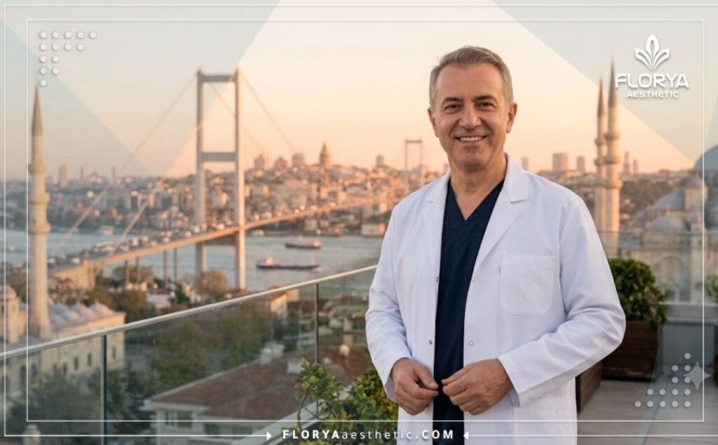 Médecin souriant accueillant les patients devant un monument emblématique d'Istanbul.