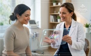 طبيب محترف يشرح خطة تجميل الأنف بدون جراحة عبر جهاز لوحي شفاف متطور.