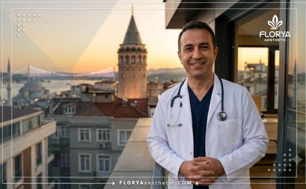 طبيب عيون ودود يرحب بالمرضى في إسطنبول مع ظهور جسر البوسفور في الخلفية