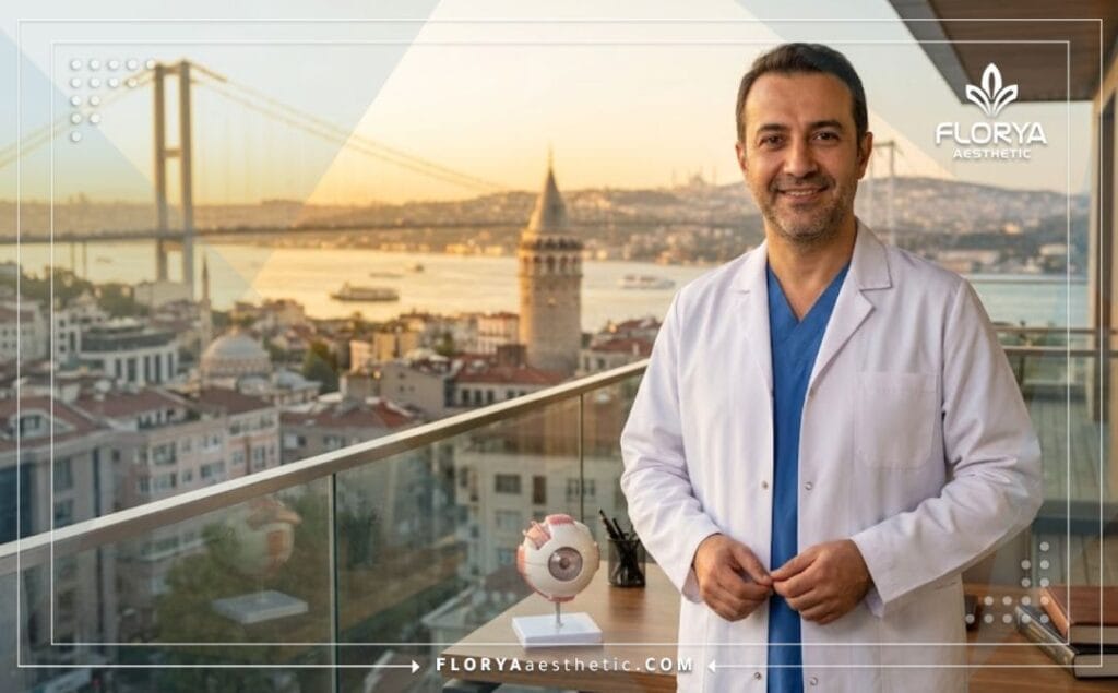 طبيب تجميل عيون يبتسم ويرحب بالمرضى مع خلفية لمعالم مدينة اسطنبول الجميلة.
