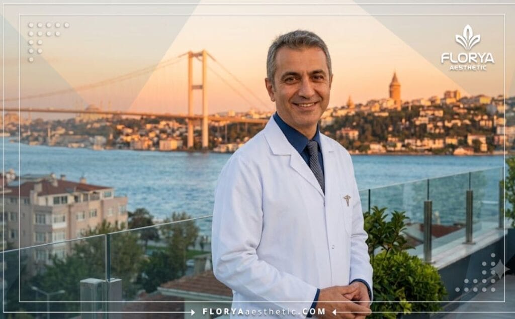 Friendly specialist doctor standing with an Istanbul landmark in the background