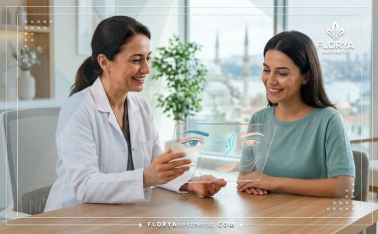 طبيب خبير يستخدم أحدث الأجهزة التقنية لشرح تفاصيل شد الجلد حول العين في تركيا للمريض.
