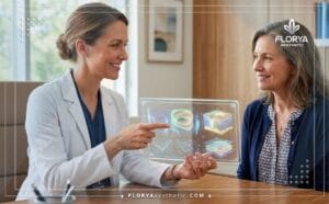 Médico experto planificando el Rejuvenecimiento Periorbital con un paciente utilizando tecnología digital avanzada.