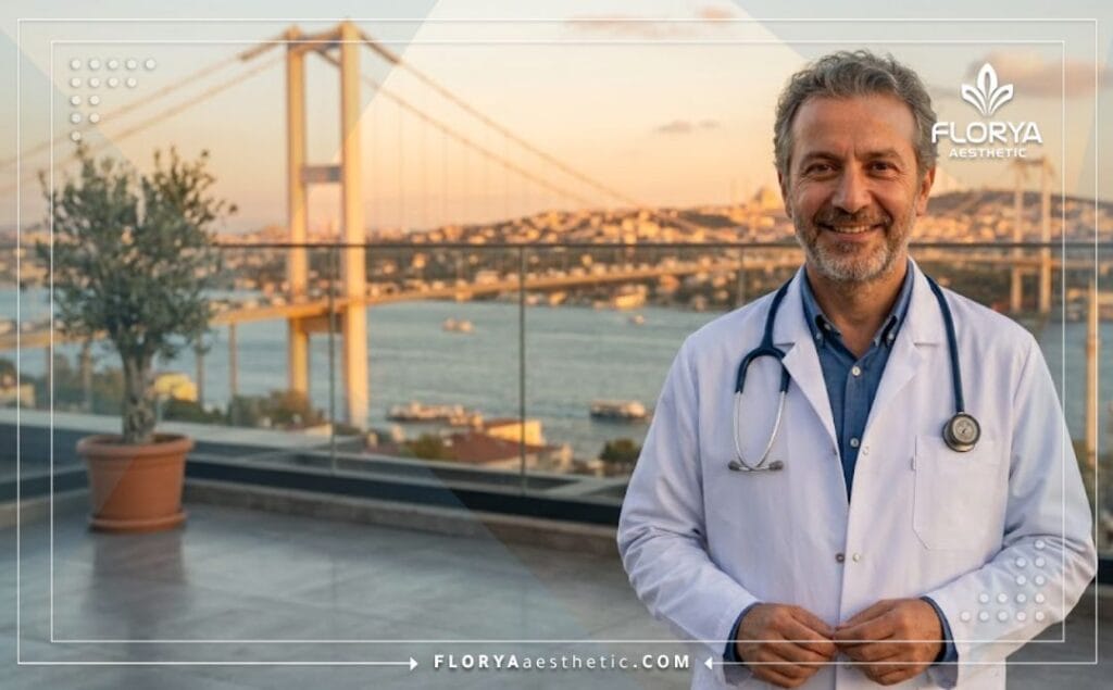 Médico amable dando la cordial bienvenida a los pacientes a Estambul con vistas a la ciudad.