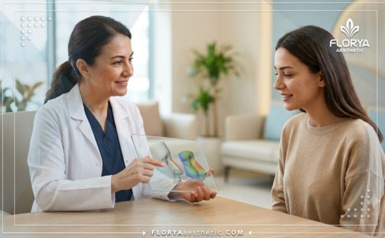 طبيب خبير يشرح خطة عملية تجميل الأنف التحفظية في تركيا للمريض باستخدام تقنيات حديثة.