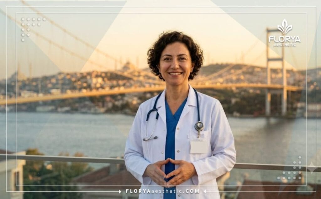 Médecin sympathique et spécialisé accueillant les patients avec un monument d'Istanbul en arrière-plan.