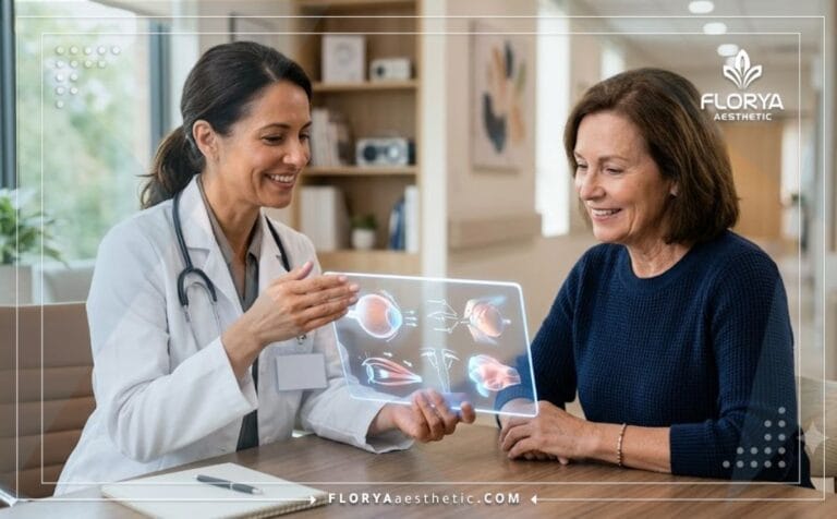 طبيب محترف يشرح خطة تجميل العيون الناعسة للمريض باستخدام أحدث التقنيات الرقمية