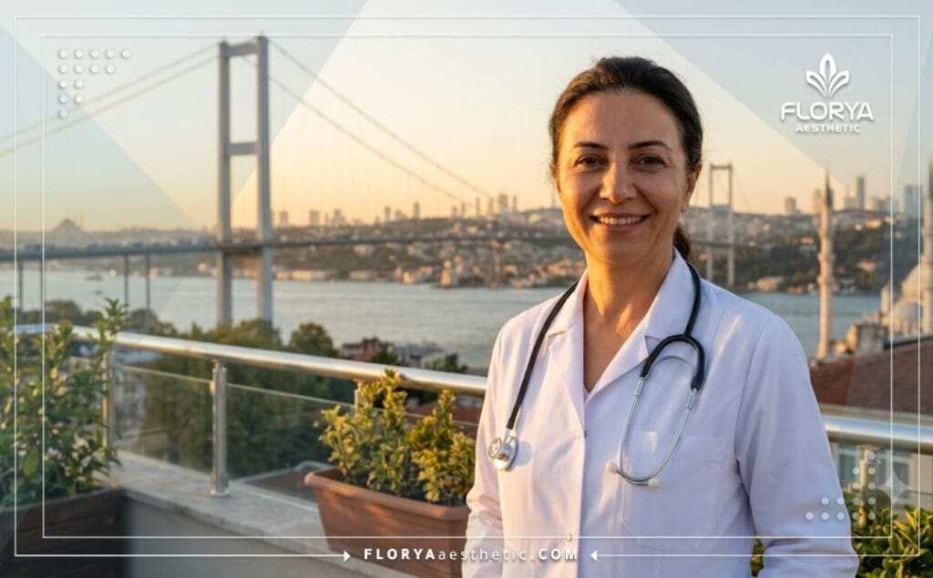 Médecin sympathique et accueillant avec un monument célèbre d'Istanbul en arrière-plan
