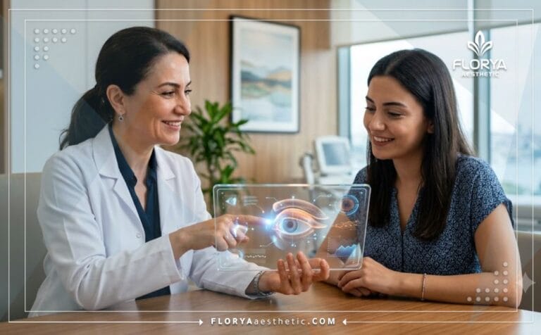 طبيب محترف يشرح خطة تصحيح ترهل عضلة الجفن في تركيا للمريض باستخدام جهاز لوحي رقمي بدون نصوص