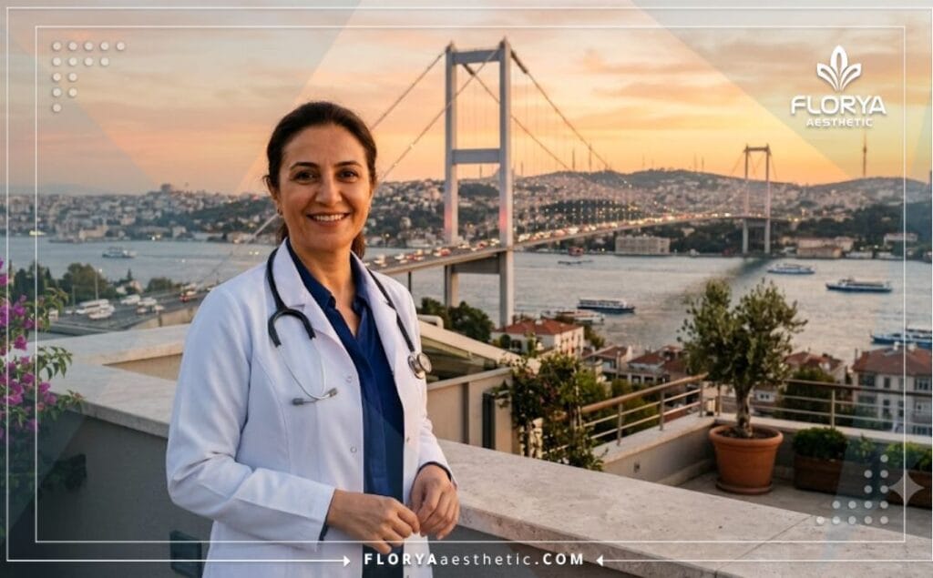 Médico amable dando la bienvenida a Estambul en el puente del Bósforo