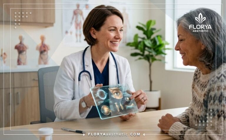 طبيب يشرح خطة التخلص من انتفاخ الجفون الرقمية للمريض باستخدام شاشة لوحية متطورة.