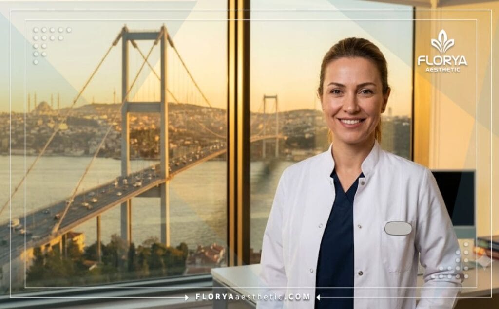 Friendly specialist doctor for eyelid treatments standing in front of a beautiful Istanbul landmark.