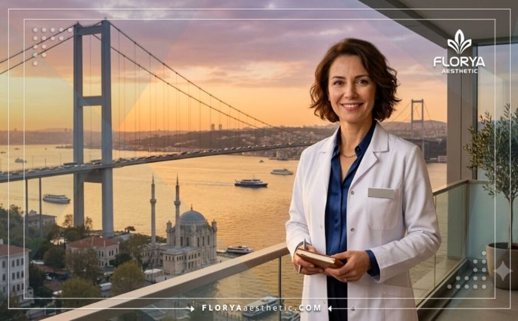 Welcoming aesthetic doctor smiling in Istanbul with landmark view