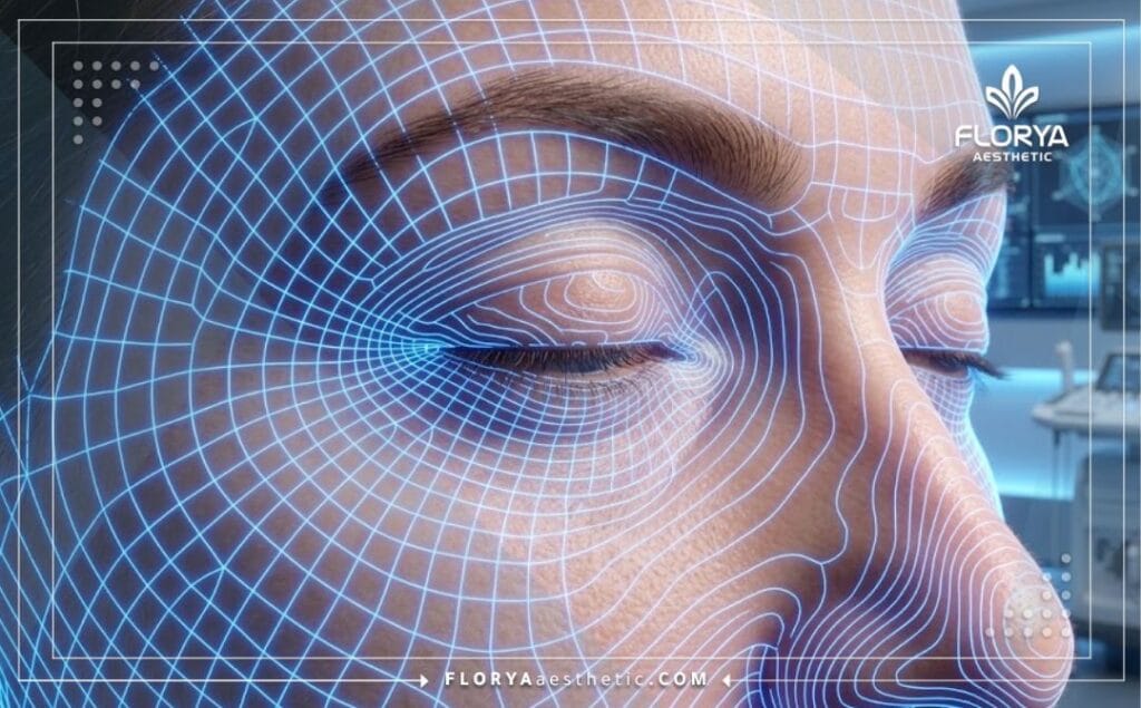 Advanced 3D digital surface scan analyzing the anatomical structure of the eyelids for precise planning.