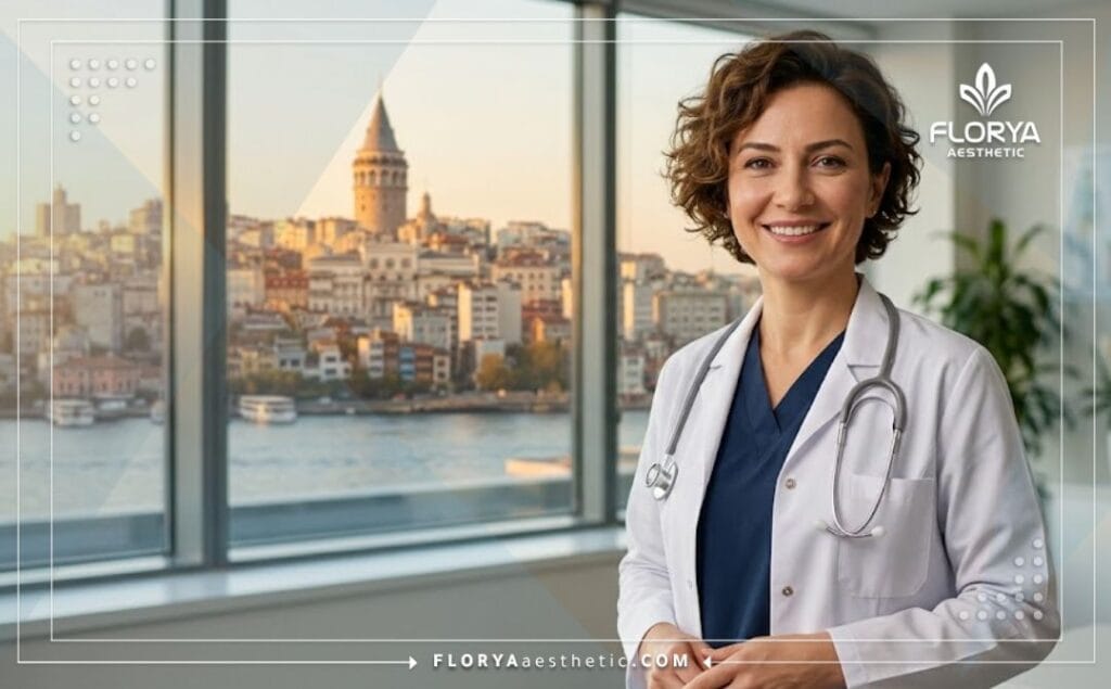 Friendly and welcoming eye specialist standing in front of a famous Istanbul landmark.