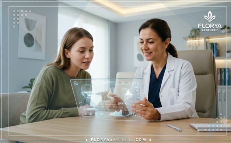 طبيب يشرح تكلفة عملية تجميل الأنف في تركيا للمريض عبر شاشة رقمية حديثة.