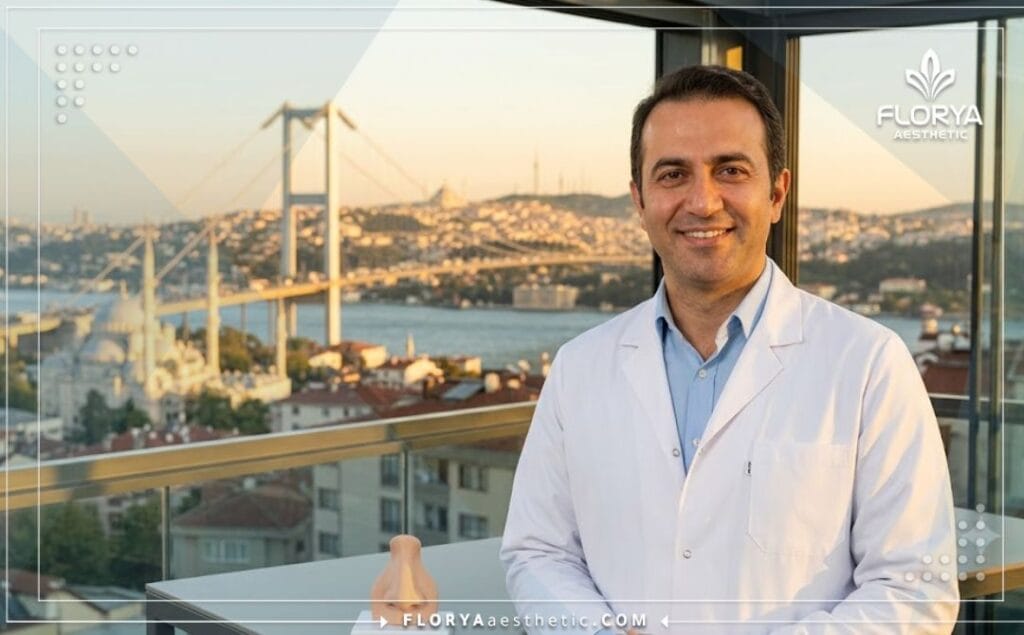 طبيب ودود يرحب بالمرضى في إسطنبول مع خلفية مميزة لجسر البوسفور.