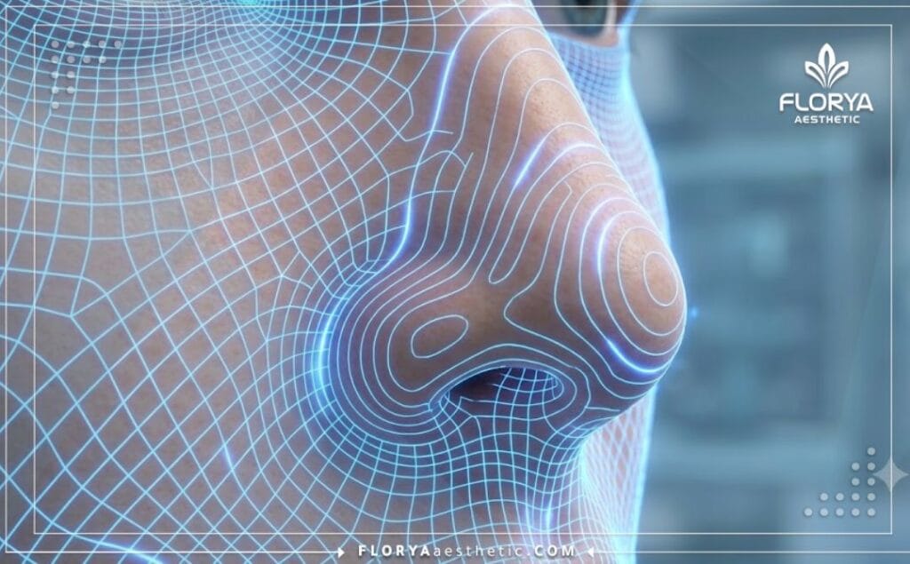 مسح ثلاثي الأبعاد دقيق وعالي التقنية لمنطقة الوجه والأنف للتحضير للجراحة.