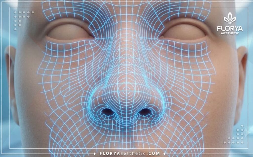 High-tech 3D macro surface scan highlighting the nasal structure and contours with glowing neon grids.