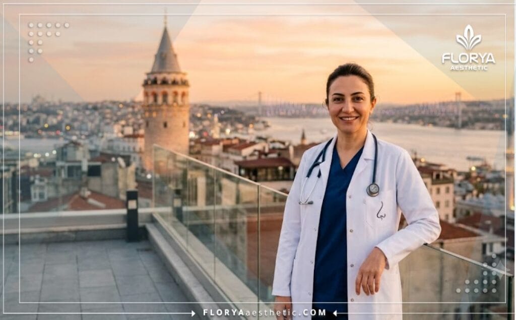 Friendly rhinoplasty specialist smiling warmly with the iconic Bosphorus Bridge of Istanbul in the background.