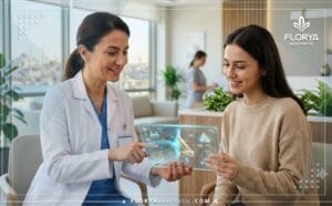 Médecin professionnel expliquant un plan de Rhinoplastie en Turquie sur une tablette numérique