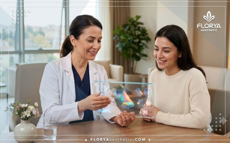 طبيب محترف يناقش خطة عمليات تجميل الأنف في تركيا باستخدام تقنيات حديثة ولوحة رقمية متطورة.