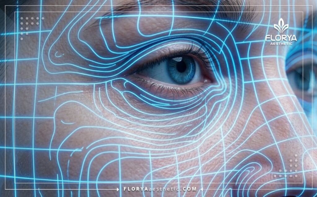 Modélisation 3D avancée de la zone anatomique autour des yeux pour un traitement précis.