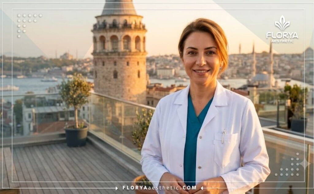 طبيب متخصص في تجميل الجفون يرحب بالمرضى مع خلفية رائعة لمدينة إسطنبول