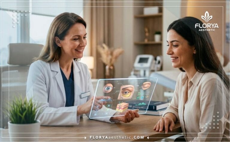 طبيب تجميل محترف يشرح خطة شد الجفون جراحياً في تركيا باستخدام تقنية رقمية حديثة
