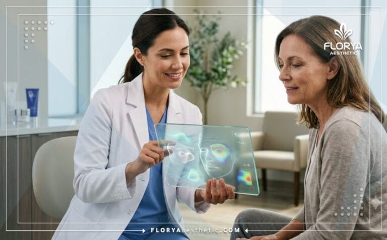 طبيب خبير يشرح خطة علاج شد الجفون بتقنية الثرماج للمريض باستخدام لوح إلكتروني حديث