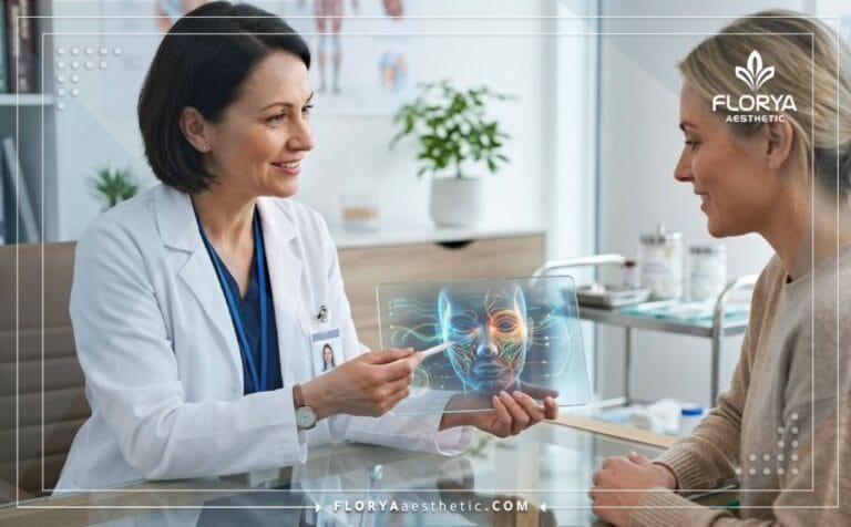 طبيب خبير يستخدم أحدث التقنيات الرقمية لتخطيط إجراء تجميل العيون المتعبة والذابلة مع مريضة في العيادة.