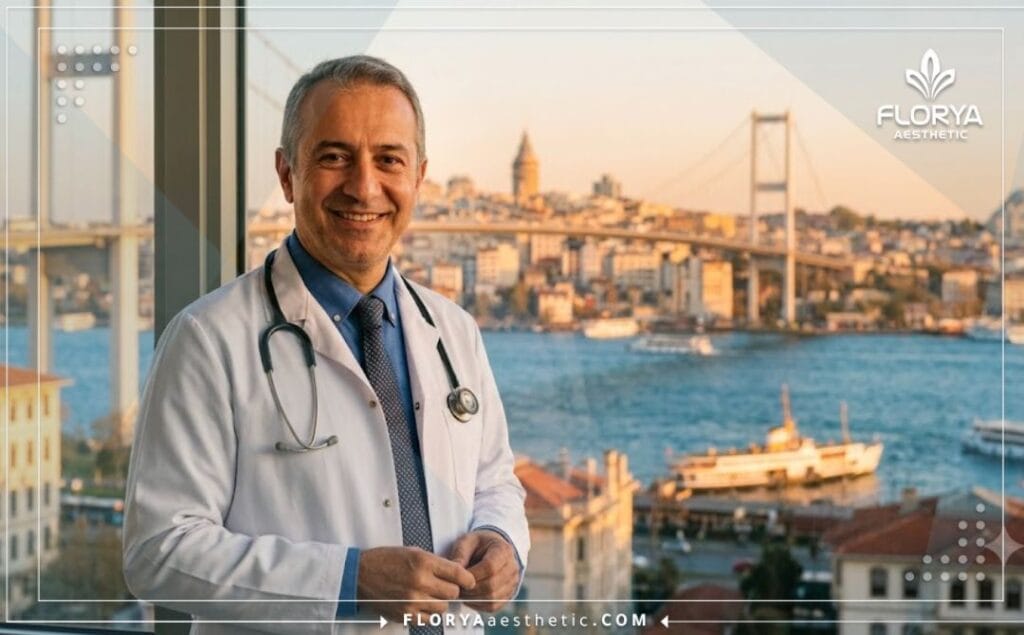 طبيب تجميل يبتسم مع خلفية لمعالم اسطنبول السياحية.